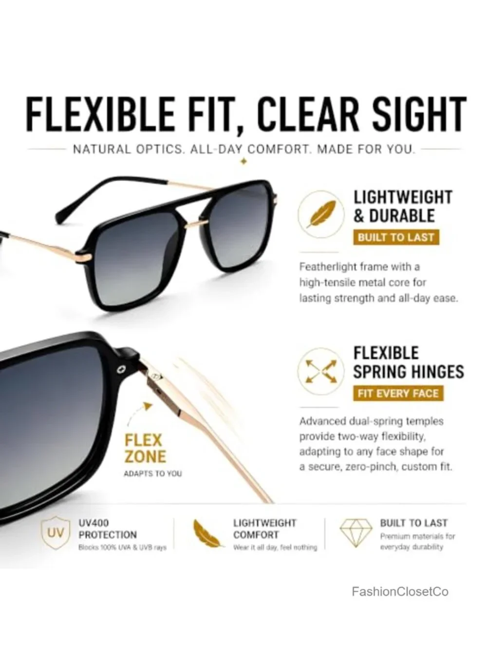 Polarized Aviator Sunglasses UV400 Double Bridge Square Oversized Metal Frame
